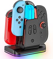 Vista 9 de Cargador de controlador Switch 2 y 1, base de carga 2 en 1 para Switch 2025/OLED/Joycons originales, estación de carga rápida con 9 modos RGB