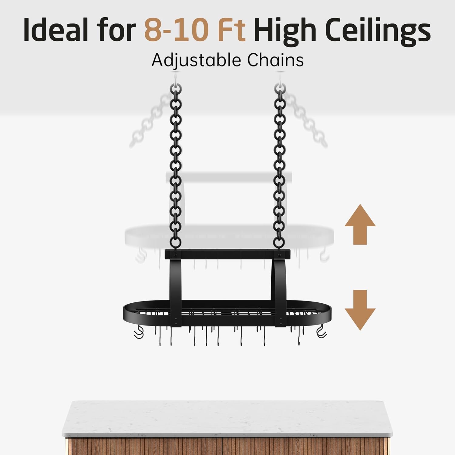 KES 48 Inch Large Ceiling Pot Rack with Lid Organizer, Oval Heavy Duty Hanging Pot Rack Ceiling Mount for Kitchen Over Island, Cast Iron Pan Hanger with 20 Hooks, 16" & 24" Joist Mount, Matte Black