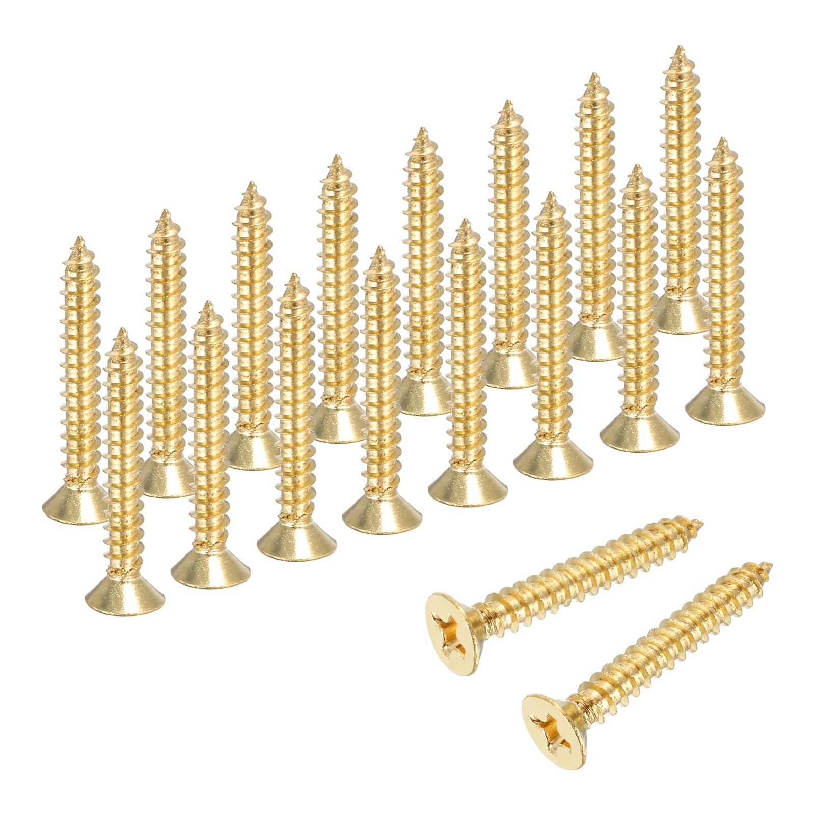 sourcing map Brass Phillips Wood Screws, M3.5 x 20mm Brass Phillips Flat Wood Screws Self-Tapping Furniture Connector for Door Hinges, Wood Crafts and DIY Projects,(Gold Tone, Pack of 18)