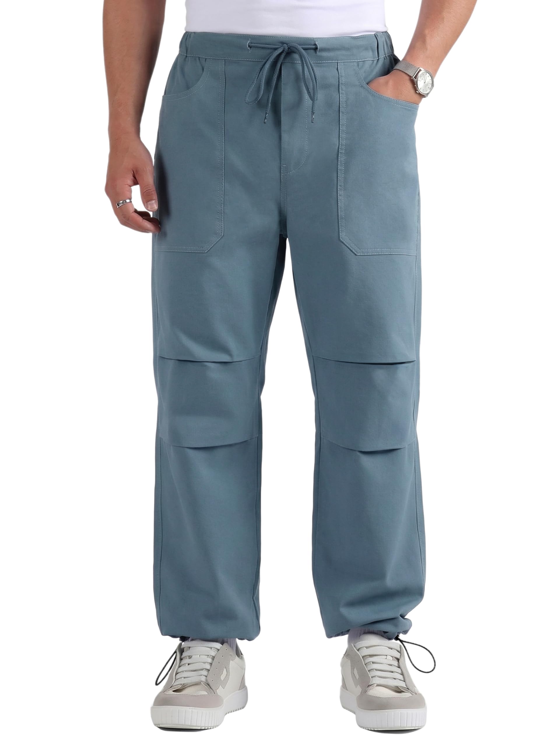 beyoung Cotton Twill Plain Double Pleated Cargo Joggers for Men | Relaxed Fit | 2 Spacious Pockets | Elastic Waistband | Smooth Texture-picture-46
