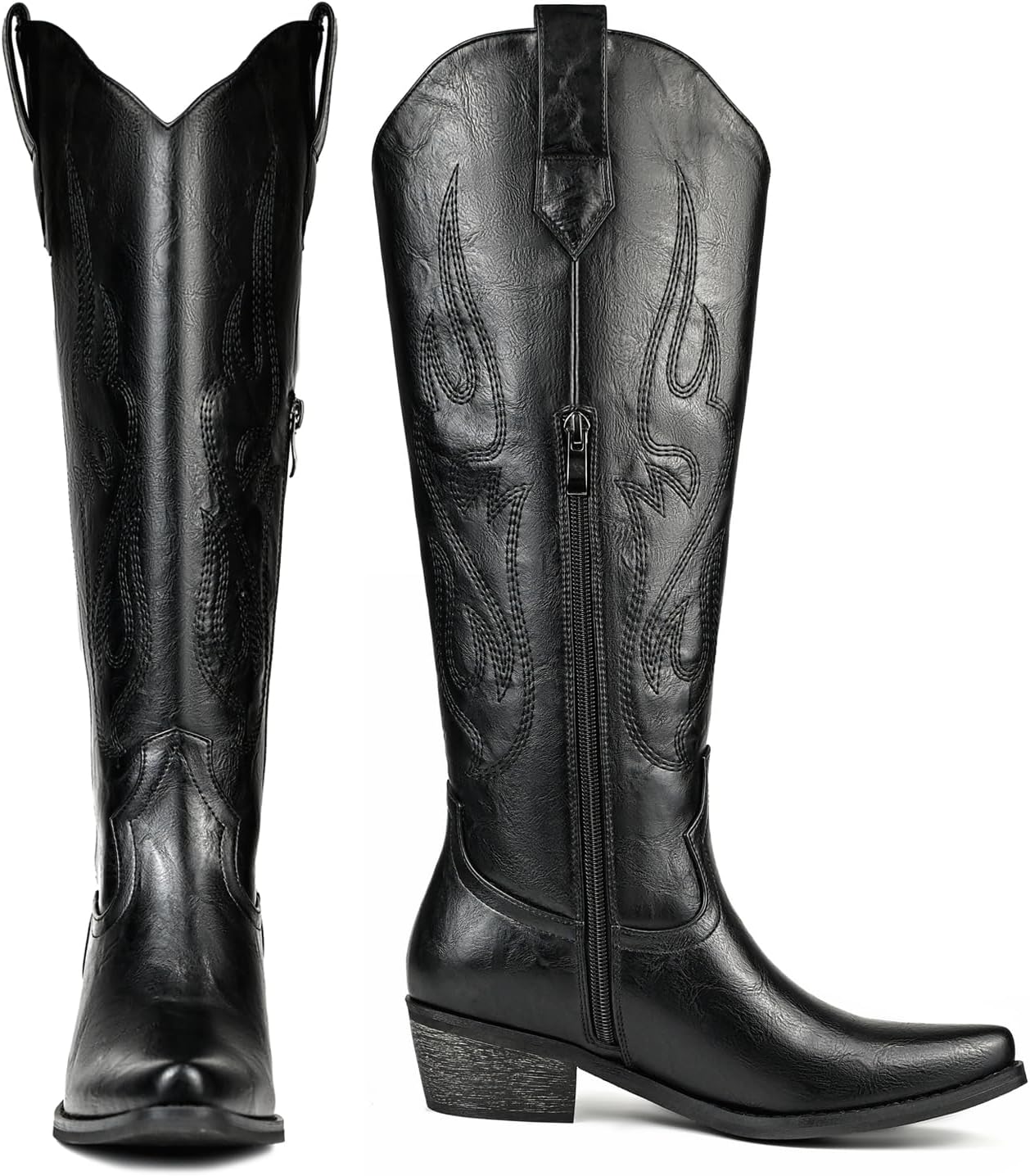 Cowboy Boots for Women Knee High Pointed Toe Chunky Heel Pull On Zipper Western Cowgirl Boots Retro Vintage Classic Embroidered Tall Boots for Ladies