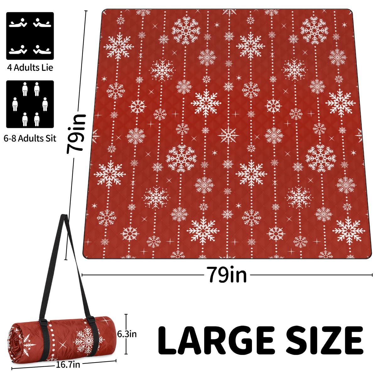Shimoshe Extra Large Picnic Blankets 79”x 79”, White Snowflakes On Red Background Waterproof Foldable Picnic Mat with Straps Portable Beach Blanket for Camping Park Grass Beach Indoor