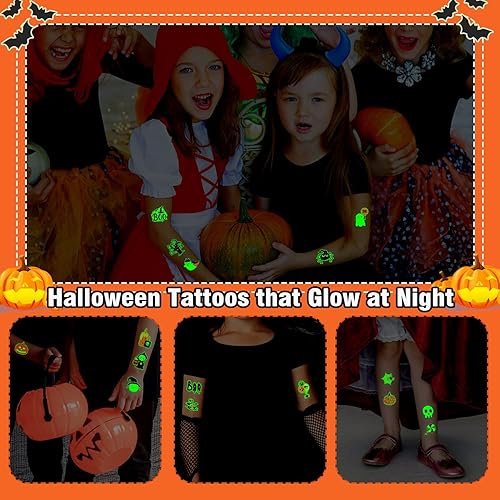 Miniatura 6 de Partywind 204 hojas envueltas individualmente, tatuajes de Halloween que brillan para decoración de fiestas infantiles, calcomanías luminosas de