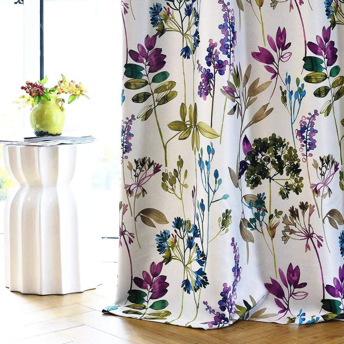 MYRU Set of 2 Floral Curtains, White with Purple Blue Garden Pattern, Grommet Top Room Darkening Window Drapes, 54x106 Inch