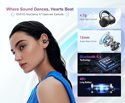 Miniatura 2 de OHAYO Auriculares con clip - Auriculares de oreja abierta 6.5 horas de reproducción, 0.17 oz ultraligeros - Bluetooth inalámbrico 5.4 2025,