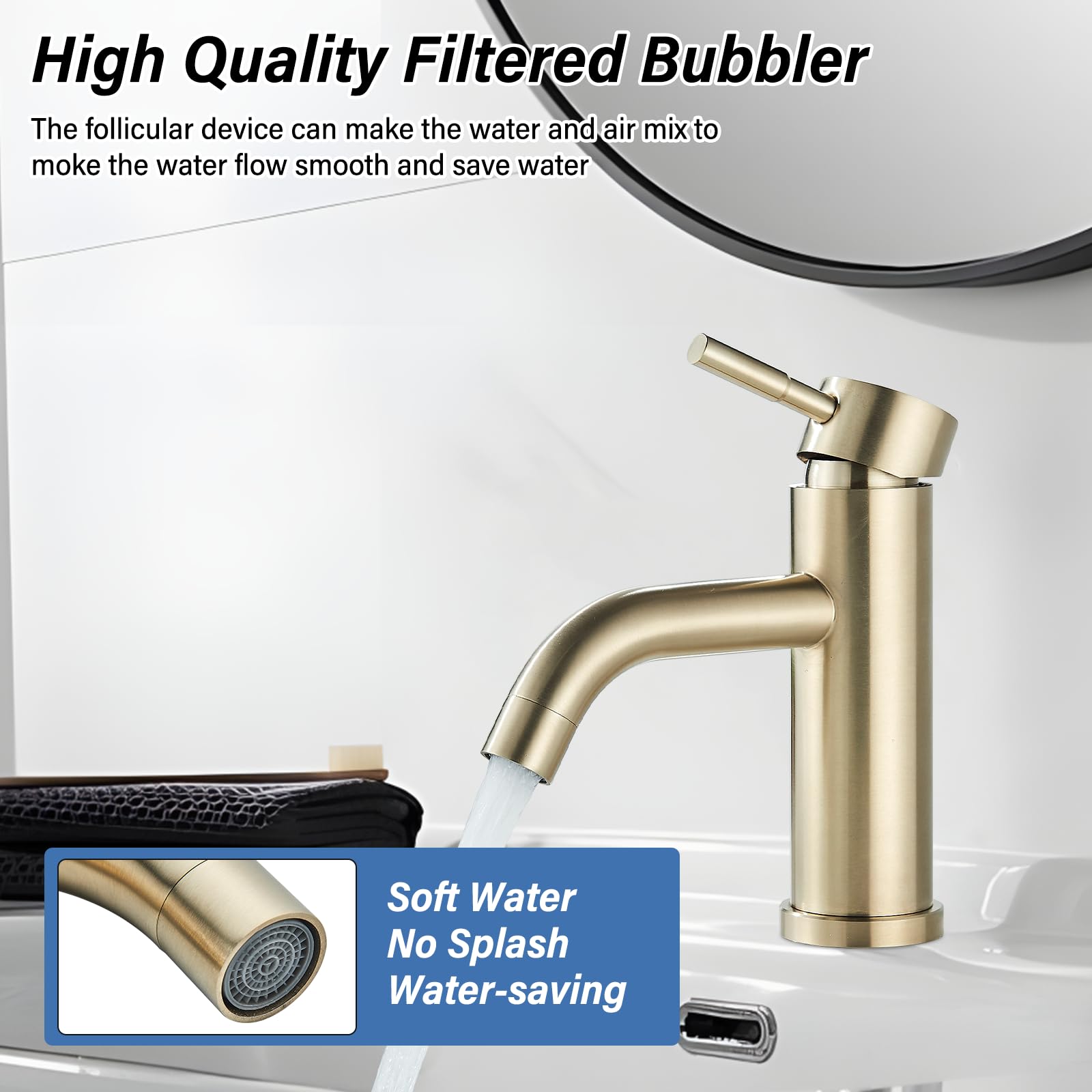 Robinet Salle de Bain Mitigeur de Lavabo Monocommande Robinet de Lavabo Réglable Chaud et Froid Aérateur Démontable Acier Inoxydable,Doré Brossé