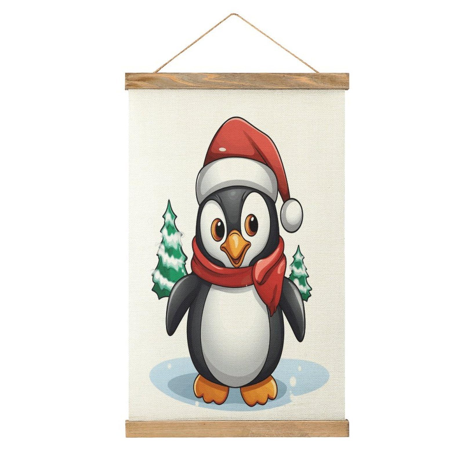 JTREHY Christmas Penguin Linen Hanging Painting Vintage Poster Wall Art Prints Personality Style Wall Hanging Poster for Living Room Office Bedroom Decor Frame 13.2 X 20.47 Inch