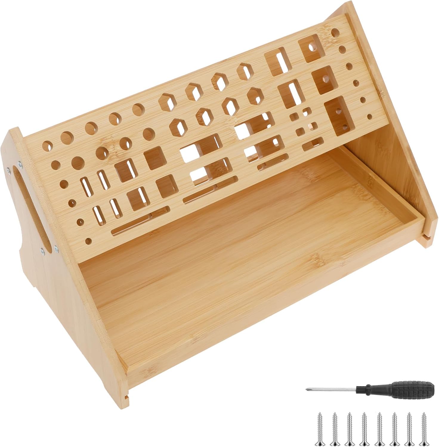 Bamboo Screwdriver Organizer Rack With Drawer, Smooth Surface, Multi Use Repair Tool Storage Holder for Home Office Repair Studio, Workbench Desktop Rack