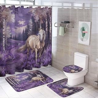 4 Pcs Watercolor Forest Lavender Horse Shower Curtain 12 Hooks,Modern Spring Oil Painting Floral Horse Bathroom Set Shower Curtains Mat Bathroom Curtain Rug