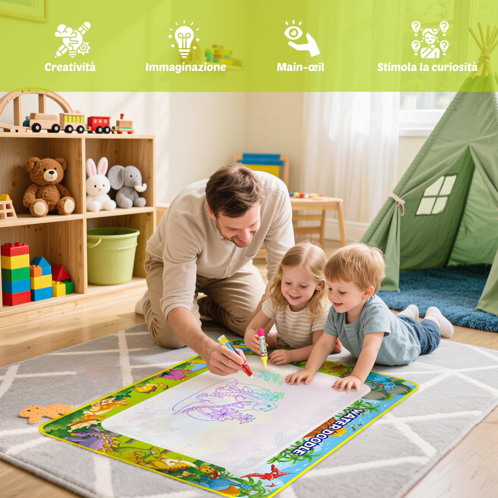 Regalo per bambini 1-3 anni – tappeto disegno acqua 110 x 70 cm, giocattolo per bambini 1 2 3 anni, giocattoli educativi per bambini da colorare gigante tappeto di pittura regalo per ragazzi e ragazze