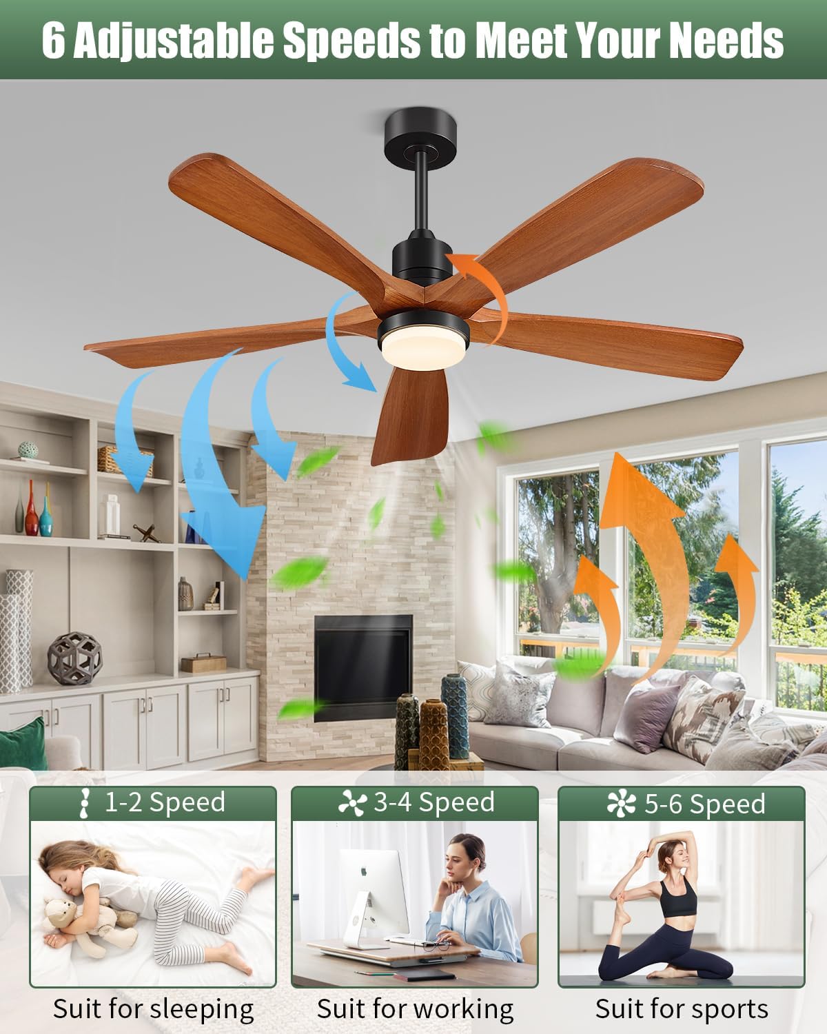 Ceiling Fans with Lights and Remote, 52" Outdoor Ceiling Fan for Patios 3 Downrods, ETL Listed, 5 Blades, 6 Speeds Reversible Noiseless DC Motor Wood Indoor Fans for Bedroom, Walnut Wood