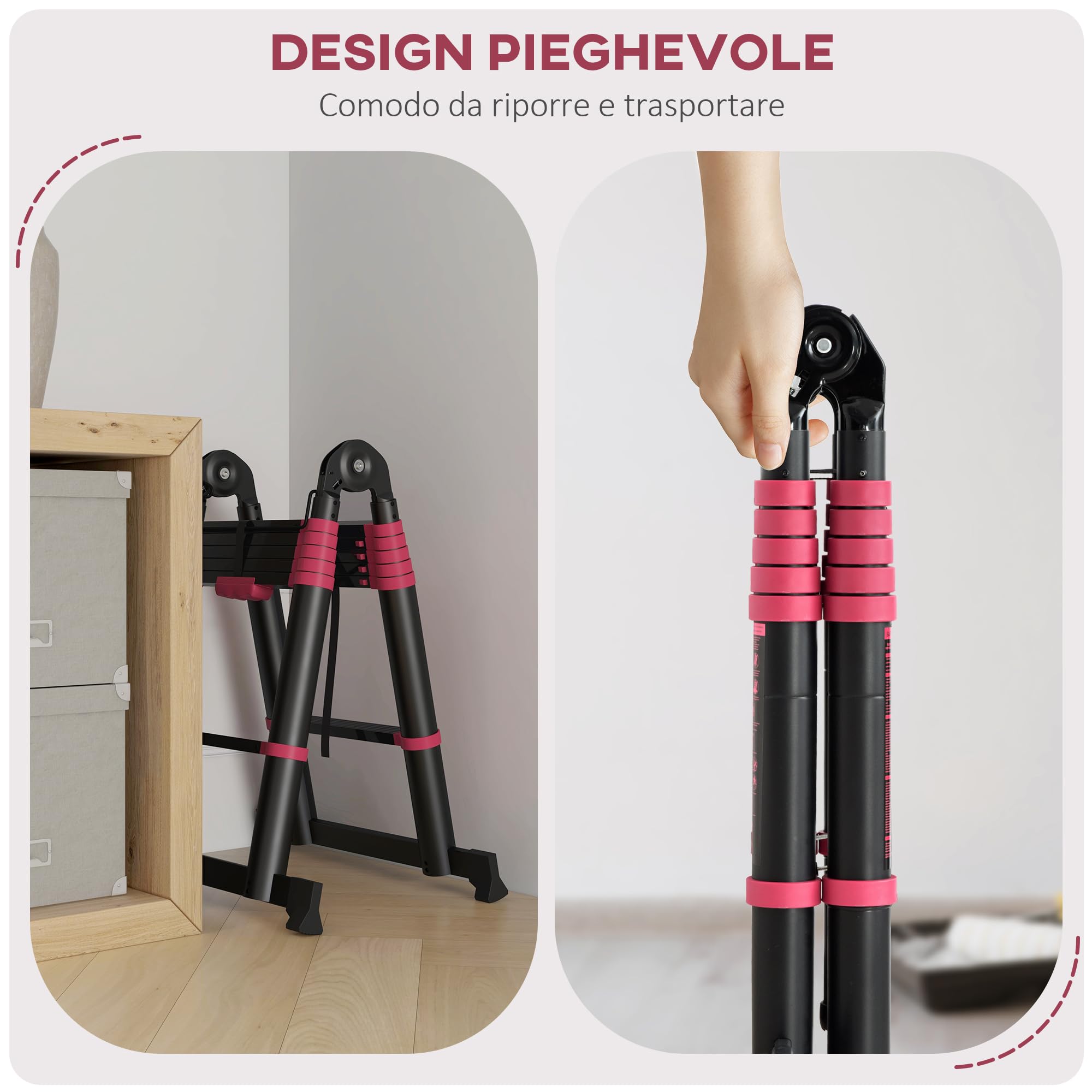 HOMCOM Escalera de Aluminio Plegable Portátil 379x67,5x11 cm Negro y Rojo | 2 Formas de Uso, Retráctil, Escalera Telescópica, 12 Escalones Antideslizantes, Carga 150 kg