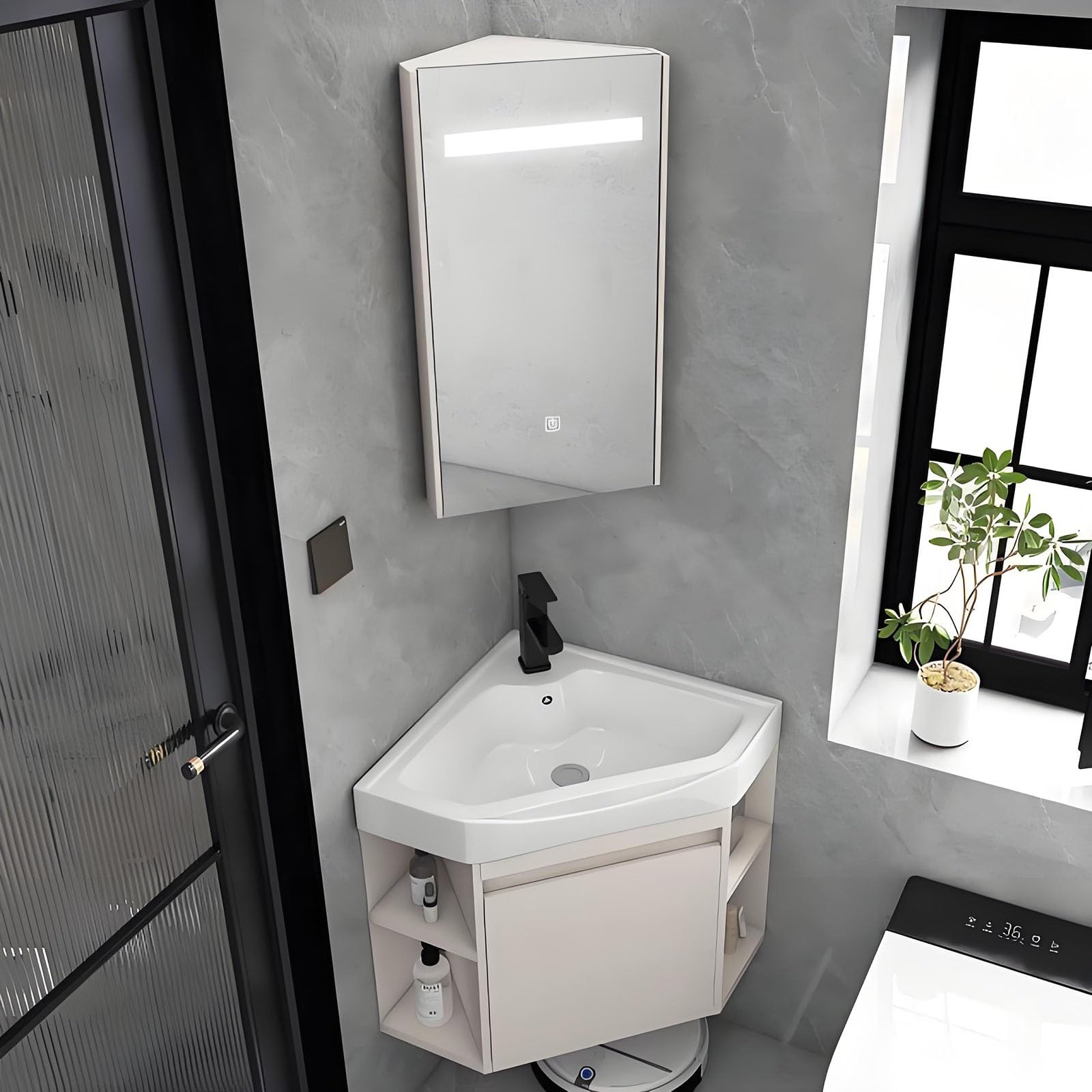 Mueble De Baño De Esquina con Lavabo, Lavabo De Esquina De Pared Que Ahorra Espacio con Espacio De Almacenamiento, Espejo Y Accesorios para Baños Pequeños.,43cm