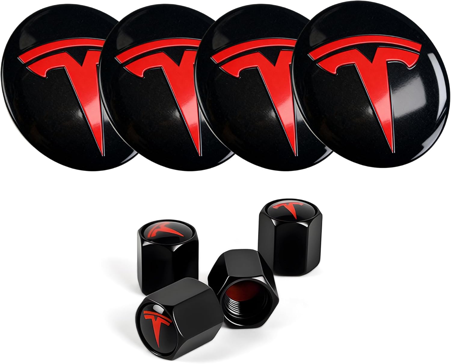 4 PCS Wheel Center Hub Cap Sticker and 4 Car Valve Stem Caps for Model 3 & Model Y, 2.2 In Wheel Rim Cover Hubcaps with Logo Emblem fits Tesla, Center Cover Accessories for Tesla, Black & Red