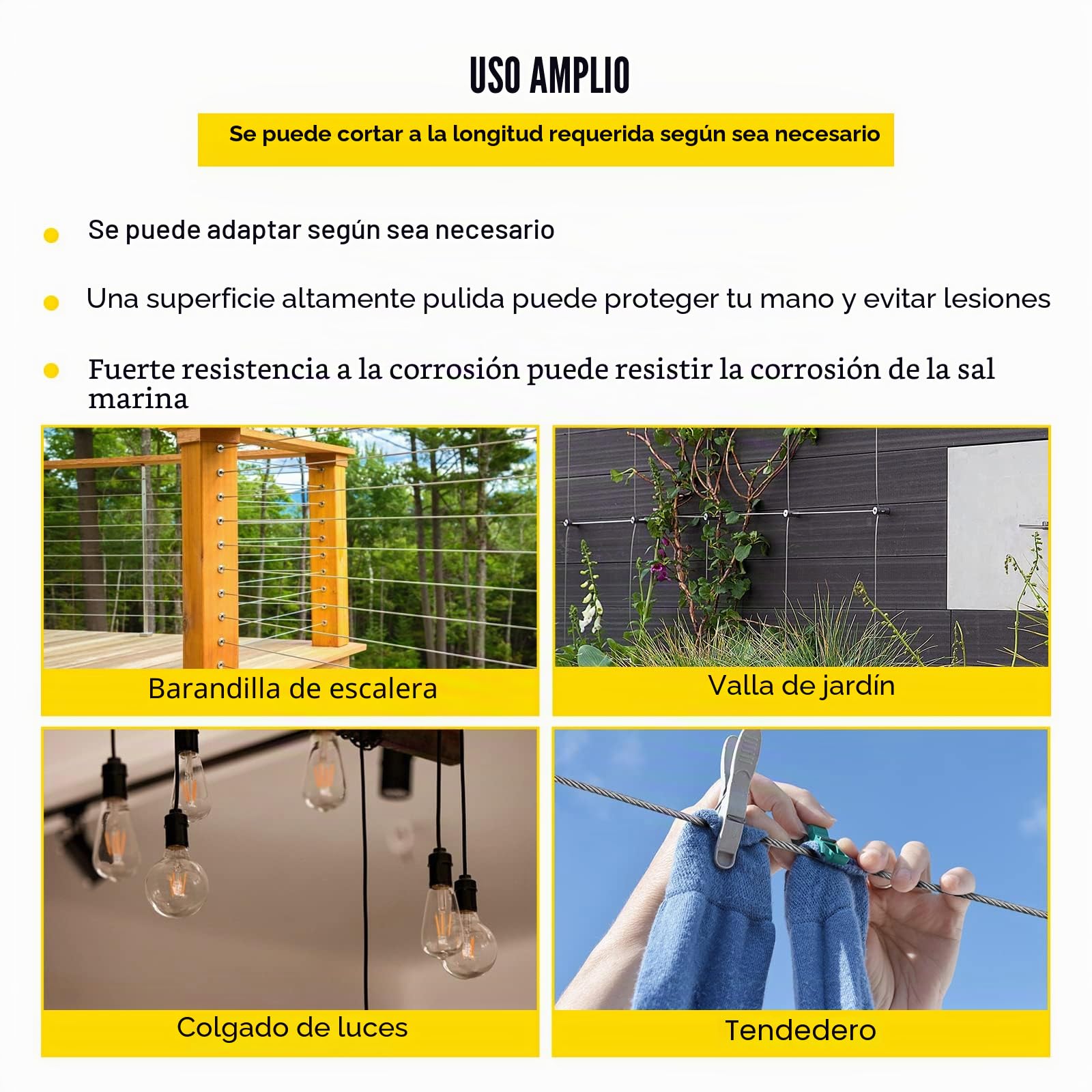 VEVOR Cable de Acero Inoxidable de 6,4 mm x 61 m, Cable Trenzado de Acero Inoxidable 7 x 19 Grado Marino, Resistencia a la Rotura 2900 kg para Barandillas, Guirnaldas de Luces Colgantes, Vallas