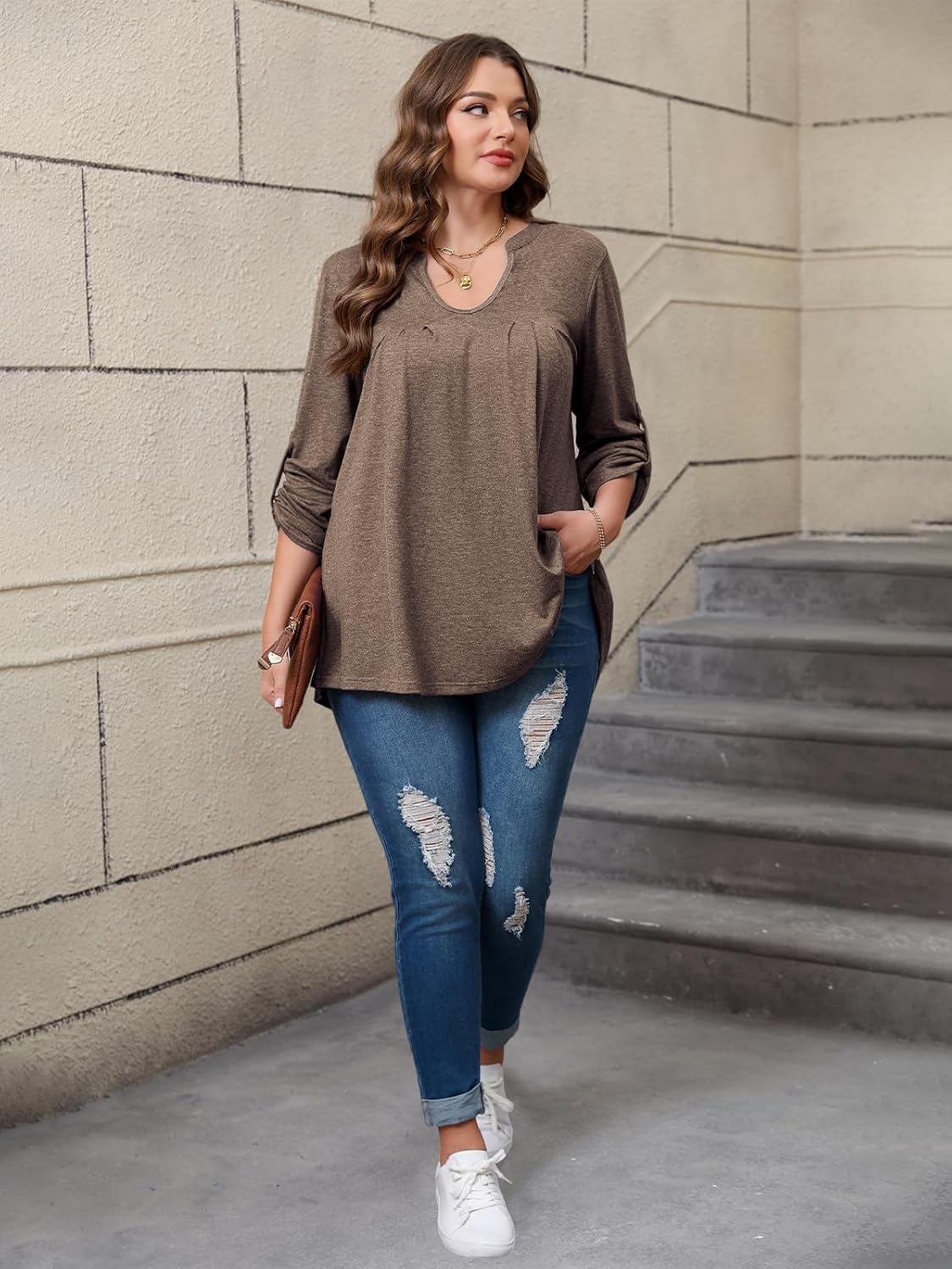 Women's Plus Size Tops V Neck Roll Up 3/4 Sleeve Tunic Pleated Casual Shirts Trendy Dressy Flowy Going Out Blouse - Image 5