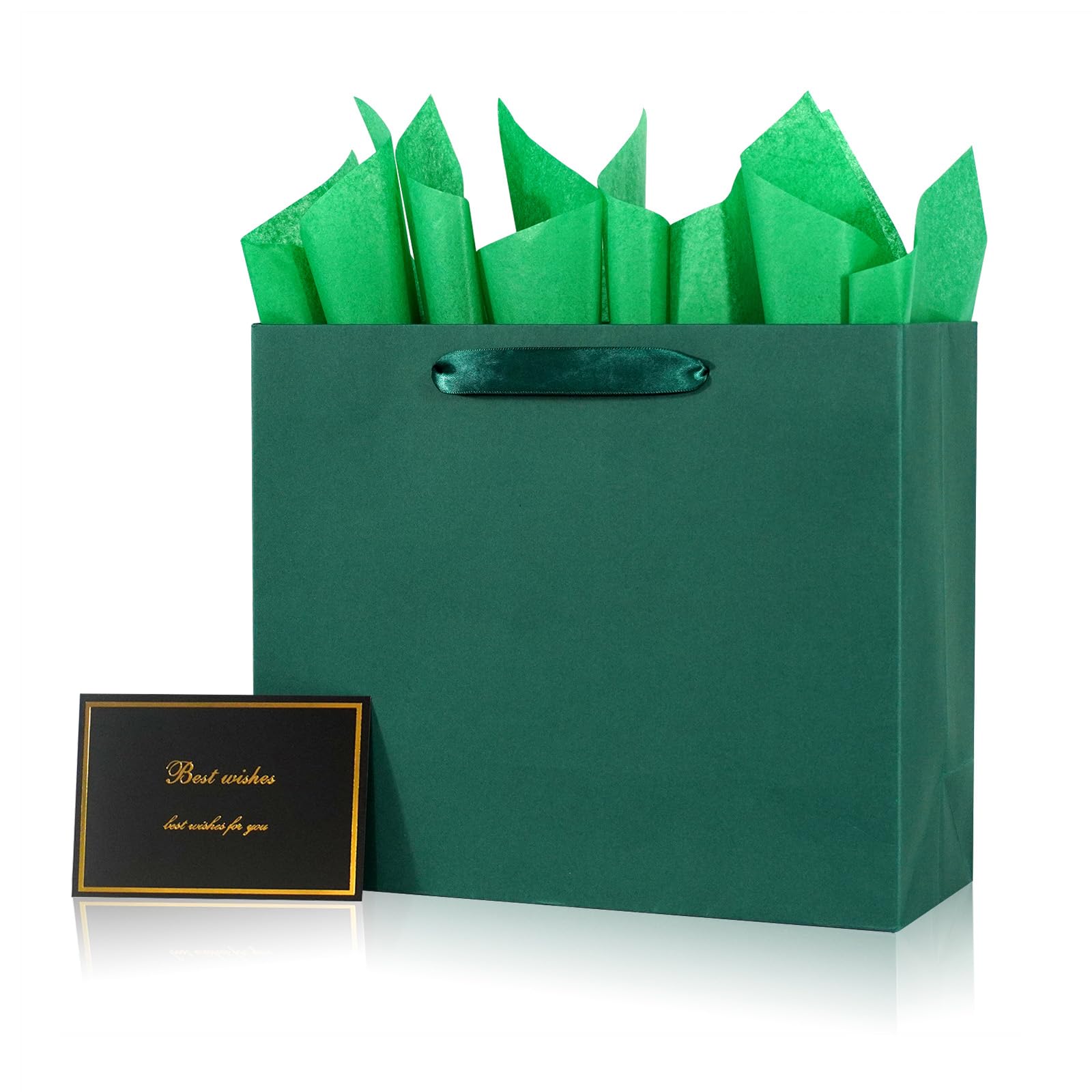 Elegant Green Gift Bag 11.8"x4.5"x9.8" with Ribbon Handles, Includes Card and Tissue Papers, Perfect for Birthdays, Weddings, Parties, Holidays, Baby Shower