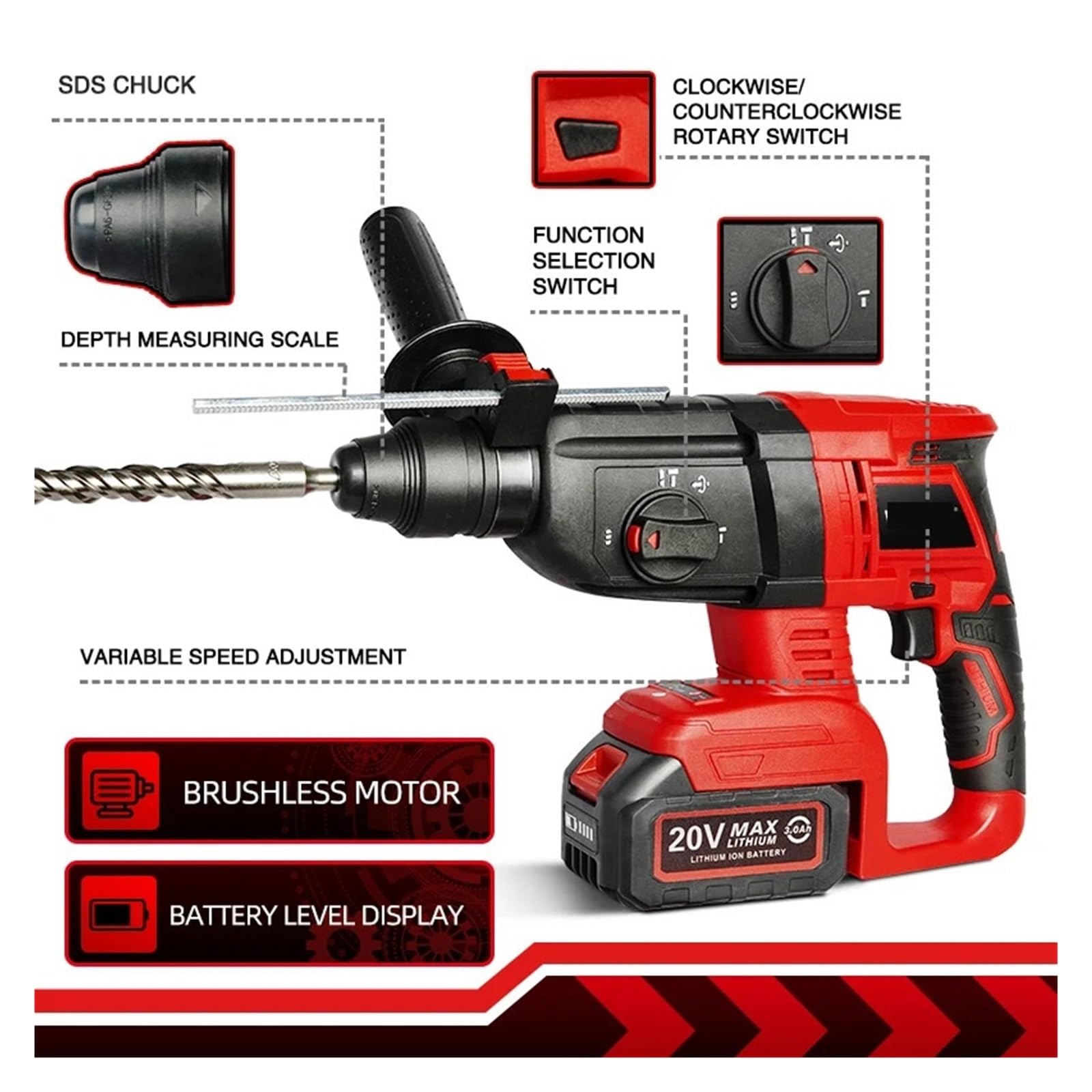 20V Elektryczna Wiertarka Udarowa Młot Obrotowy Silnik Bezszczotkowy Akumulatorowy Elektryczny Pick Do Przełącznika Swobodnie DużA Zdolność Wiercenia(H4-1 BATTERY (4.0AH))