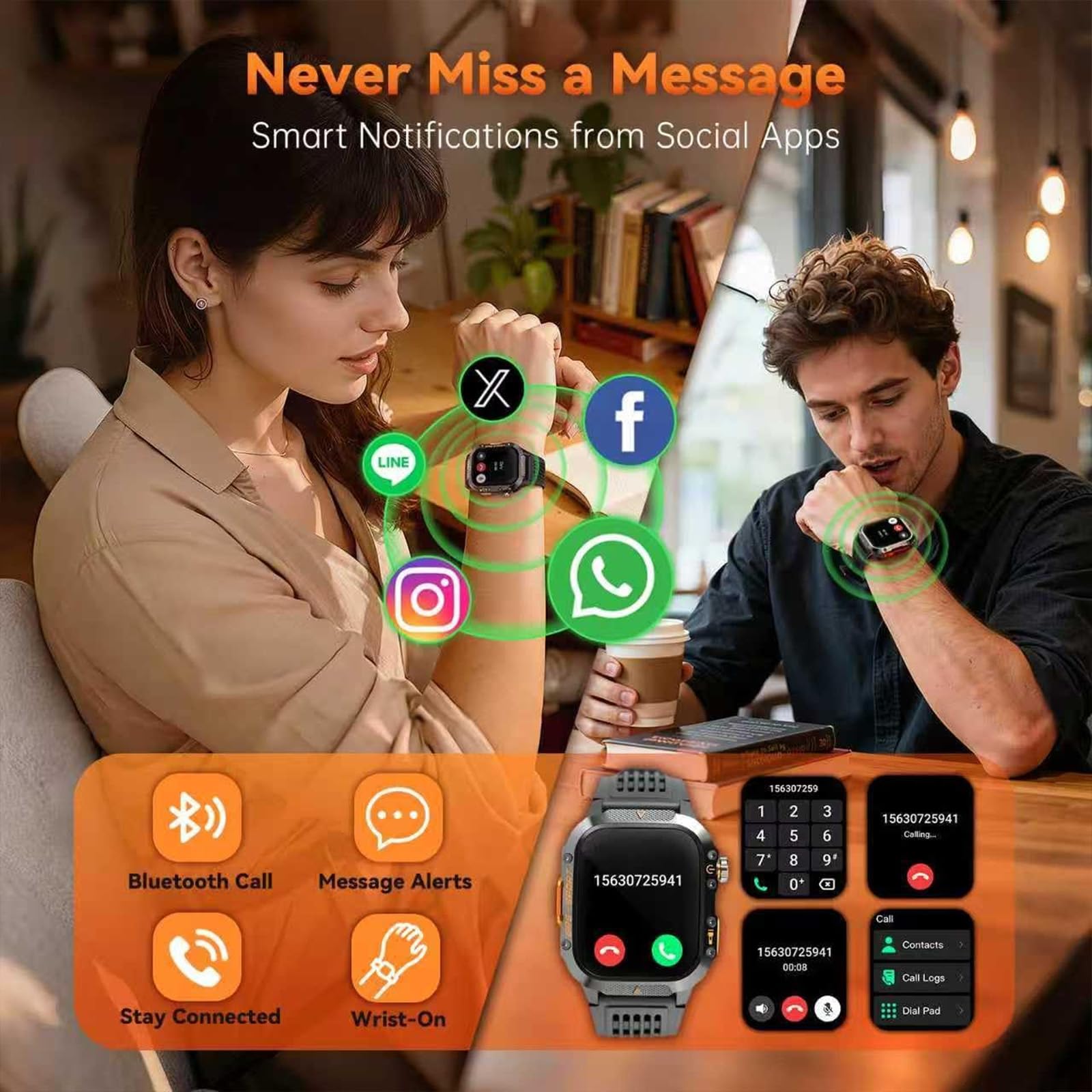 Smart watch militare con GPS integrato, smart watch tattico per iPhone/Android, oltre 100 modalità sportive con torcia, schermo da 2 pollici, Bluetooth, bussola, altimetro, frequenza cardiaca/spo2