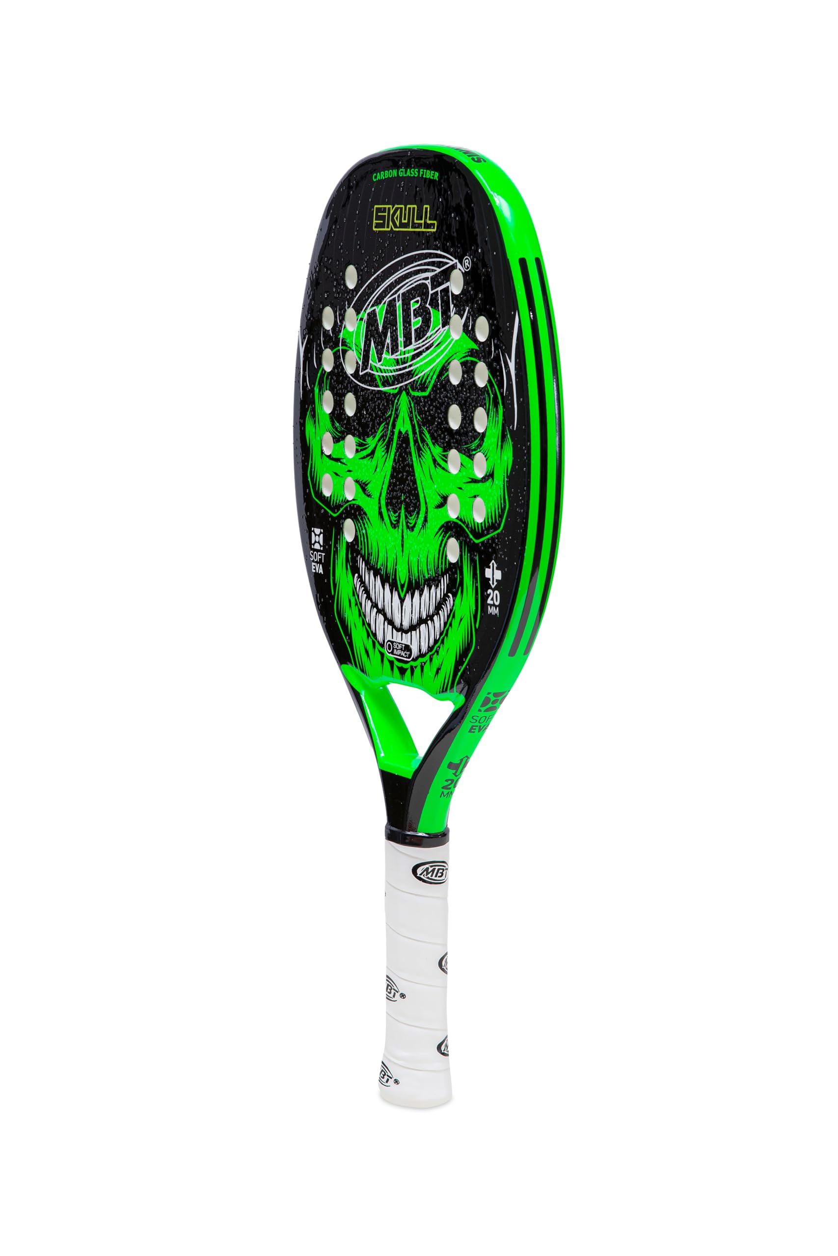 MBT SKULL Racchetta Beach Tennis Carbonio Fibra di Vetro Superficie ruvida Eva Soft Profilo 20 mm Custodia inclusa