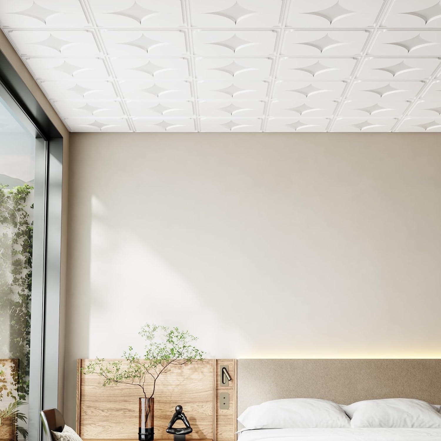 24 PCS 2x2 FT Starburst Decorative Ceiling Tiles, 24x24 Inch 3D Modern Minimalist Ceiling Panels, PVC Waterproof Cuttable Material Ideal for Living Room Bedroom Commercial Space Cover 96 Sq.Ft