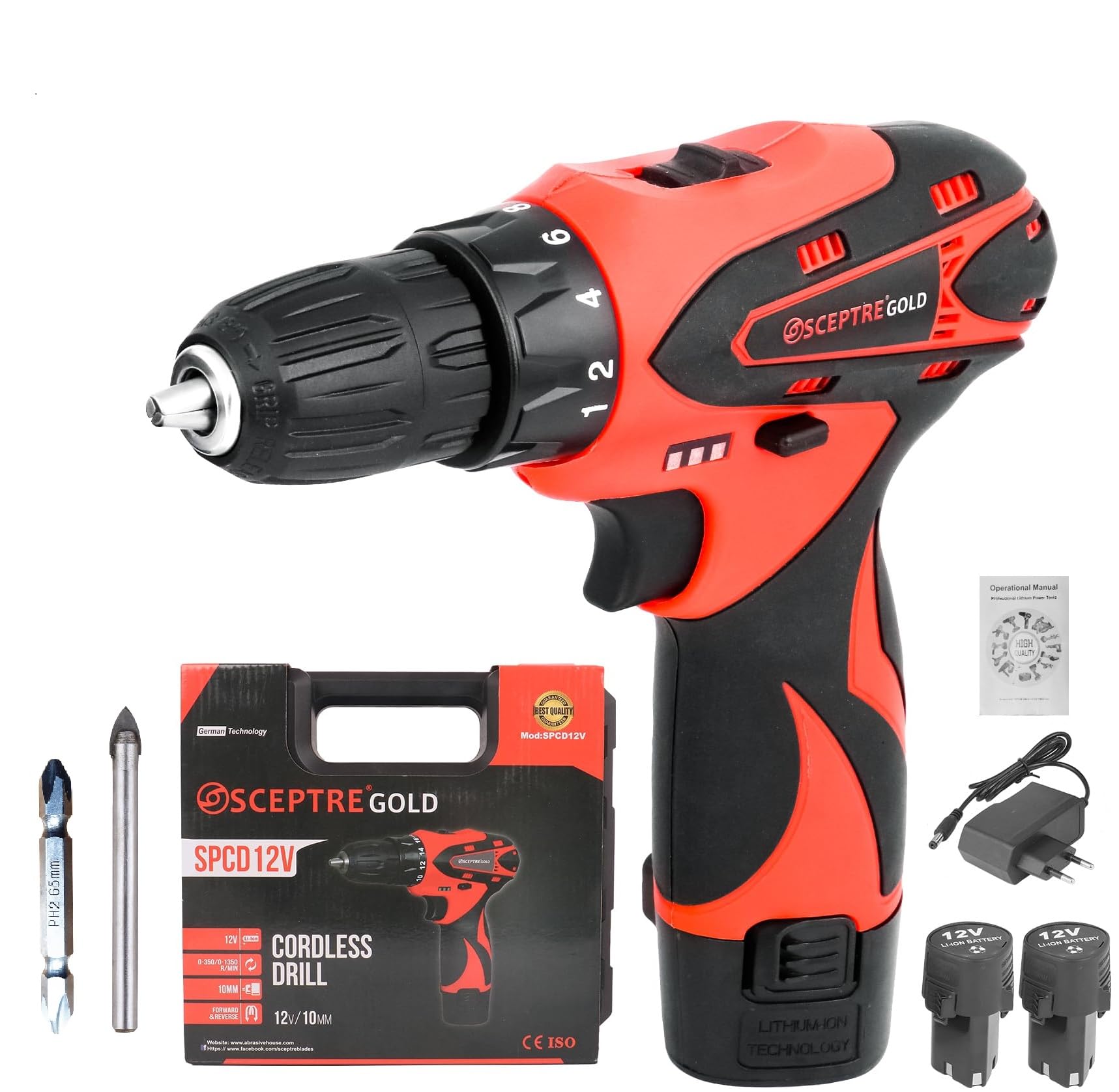 SCEPTRE SPCD12V Cordless Power Drill Set 1350 RPM Variable Speed Reversible Portable Driver with 12V Li-Ion Battery and Charger, Tool Kit DIY Impact Drill Machine for Home Garden, Office, (Red) (B0CQYT9WDK) Amazon Price History, Amazon Price Tracker