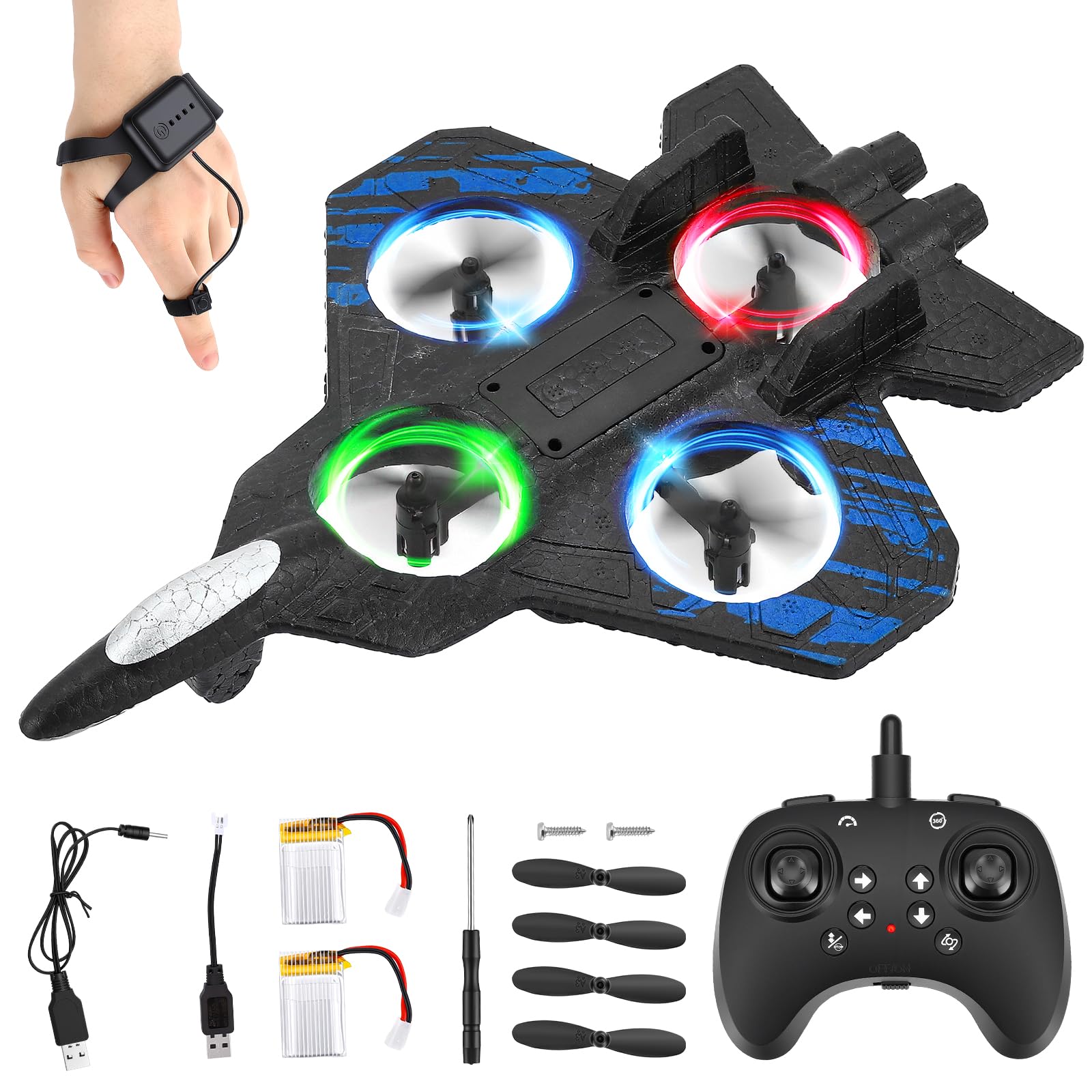 Avión de control remoto, doble control (mando a distancia y mando a mango), RC Avión 360° Rotación, 3 velocidades, con luz LED y hélice de repuesto, avión exterior para niños (azul)