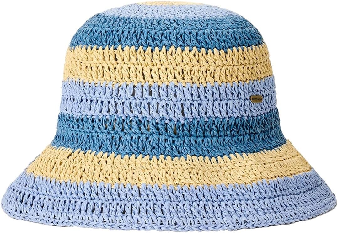 Rip Curl Womenâ€™s Crochet Bucket Hat â€“ Handmade Short Brim, Blue/Natural