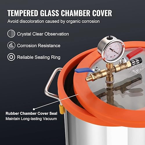 Miniatura 4 de VEVOR Cámara de vacío de 5 galones y kit de bomba de 3.5 CFM, kit de cámara de desgasificación al vacío con tapa de vidrio templado, bomba de vacío