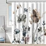 Watercolor Flower Shower Curtain for Bathroom, Grey Botanical Floral Shower Curtain with Hooks, Waterproof Polyester Plant Bathroom Curtain 72 X 72 Inches