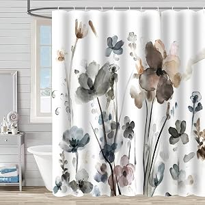 Watercolor Flower Shower Curtain for Bathroom, Grey Botanical Floral Shower Curtain with Hooks, Waterproof Polyester Plant Bathroom Curtain 72 X 72 Inches