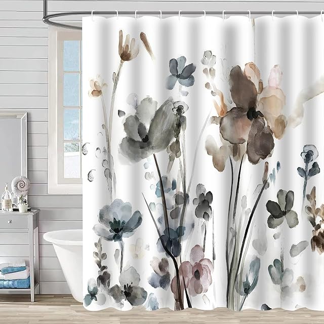 Watercolor Flower Shower Curtain for Bathroom, Grey Botanical Floral Shower Curtain with Hooks, Waterproof Polyester Plant Bathroom Curtain 72 X 72 Inches
