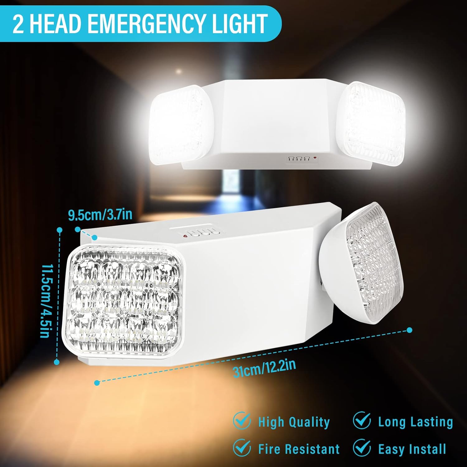 ROCEEI 1Pack Emergency Lights Commercial Emergency LED Flood Lights Backup Battery Emergency Exit Lighting Fixtures 2 LED Head Wall Mount White for Hallways Stairways (Plug in Style)