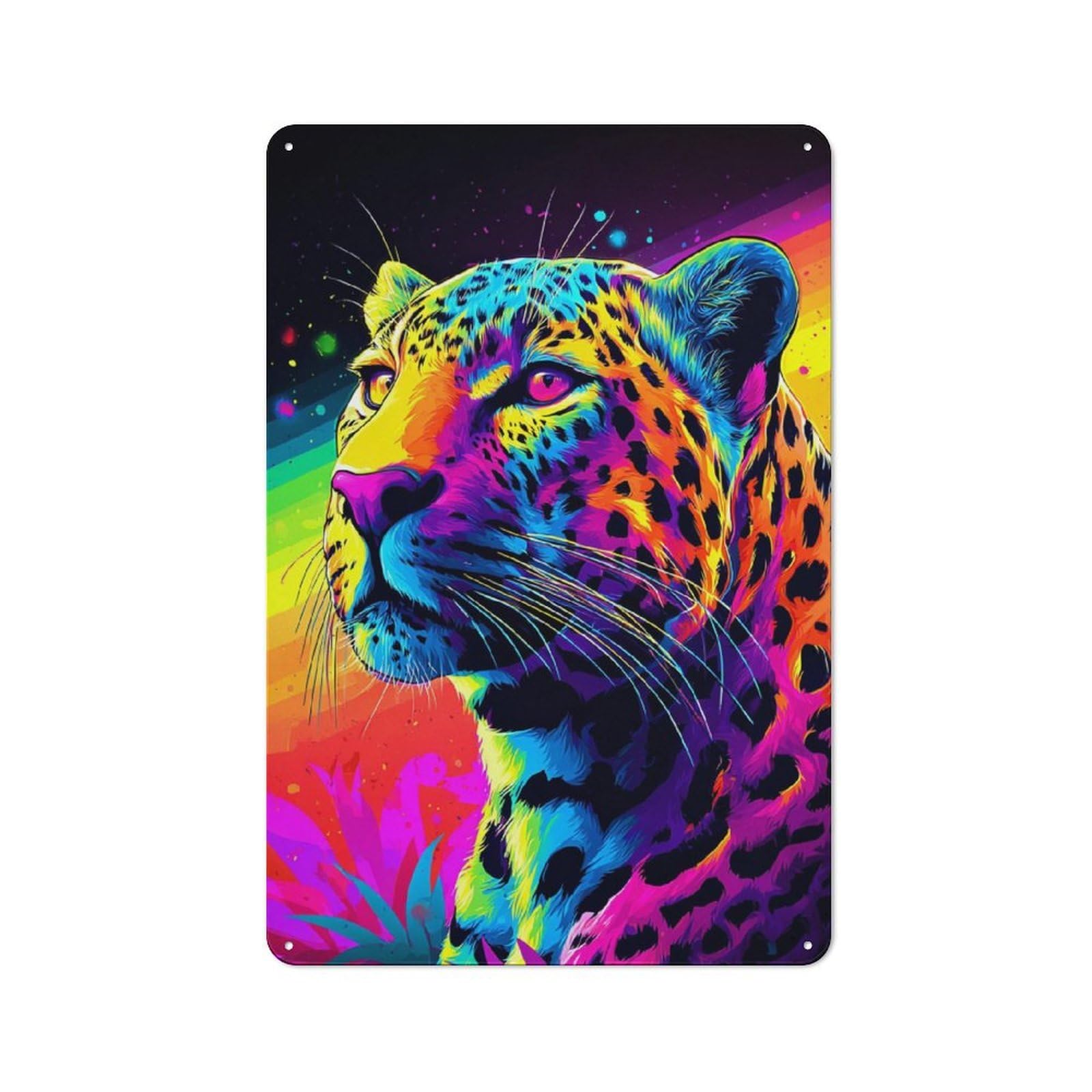 Junmoney Rainbow Leopard Vibrant Artwork 30X20cm Rustic Metal Plaque With For Café Or Restaurant, For Themed Interiors In Cafés And Restaurants