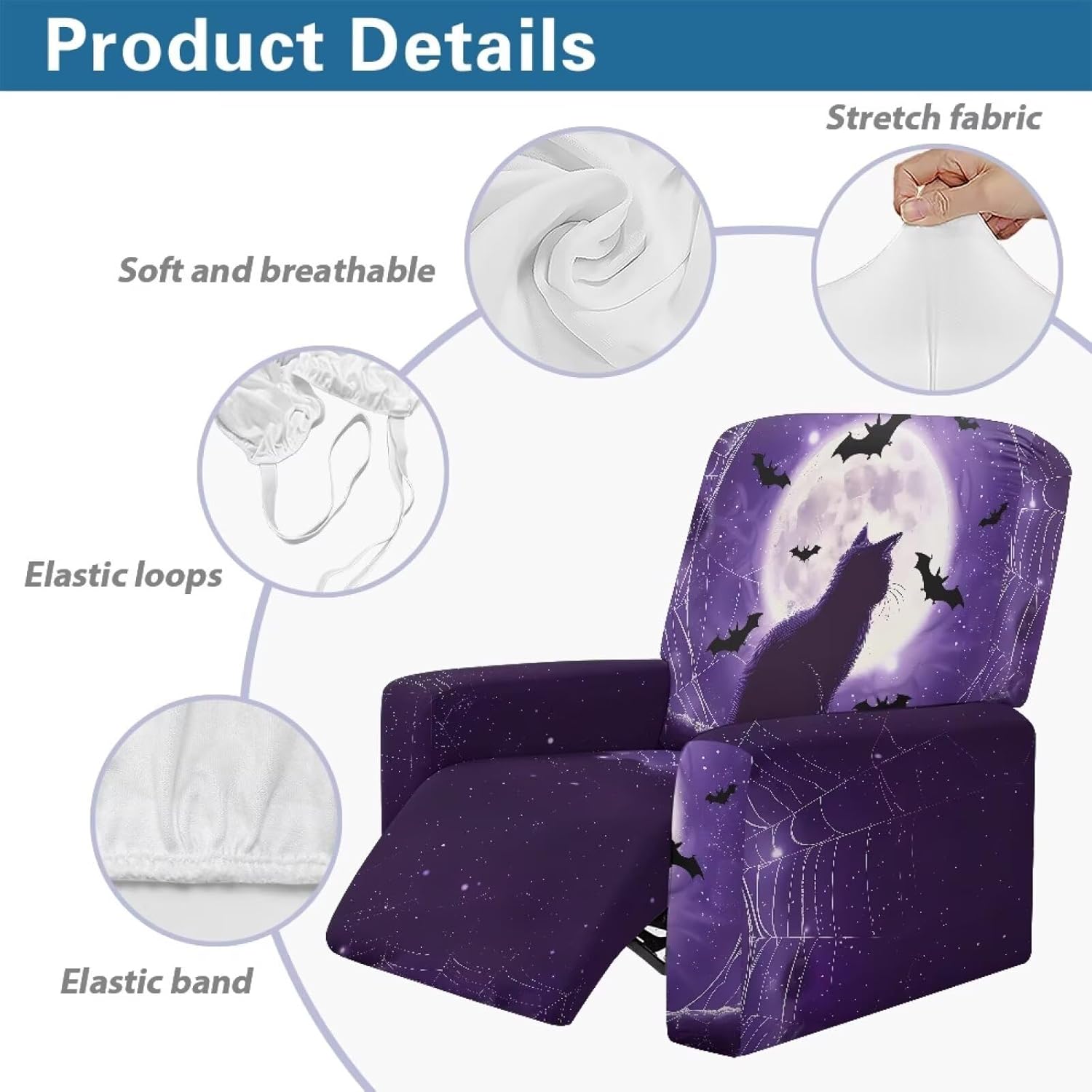 FOR U DESIGNS Moon Black Cat Bat Purple Slipcovers for Recliners 4 Pieces Stretch Recliner Cover with Pockets Furniture Protector Stay in Place for Small Chairs Easy to Install