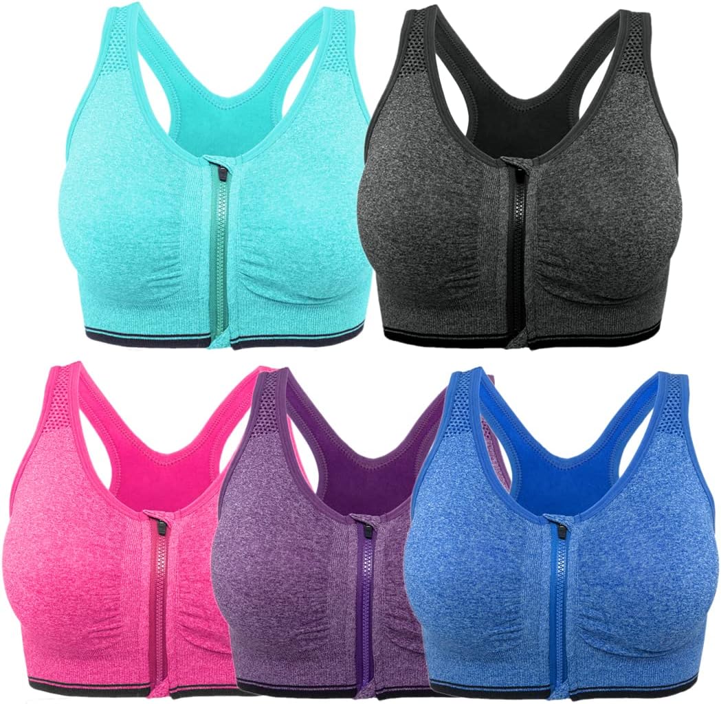 FLORATA Women's Zip Front Sports Bra Seamless Wirefree Post Surgery Bra Padded Sports Bras Yoga Bra with Removable Cups
