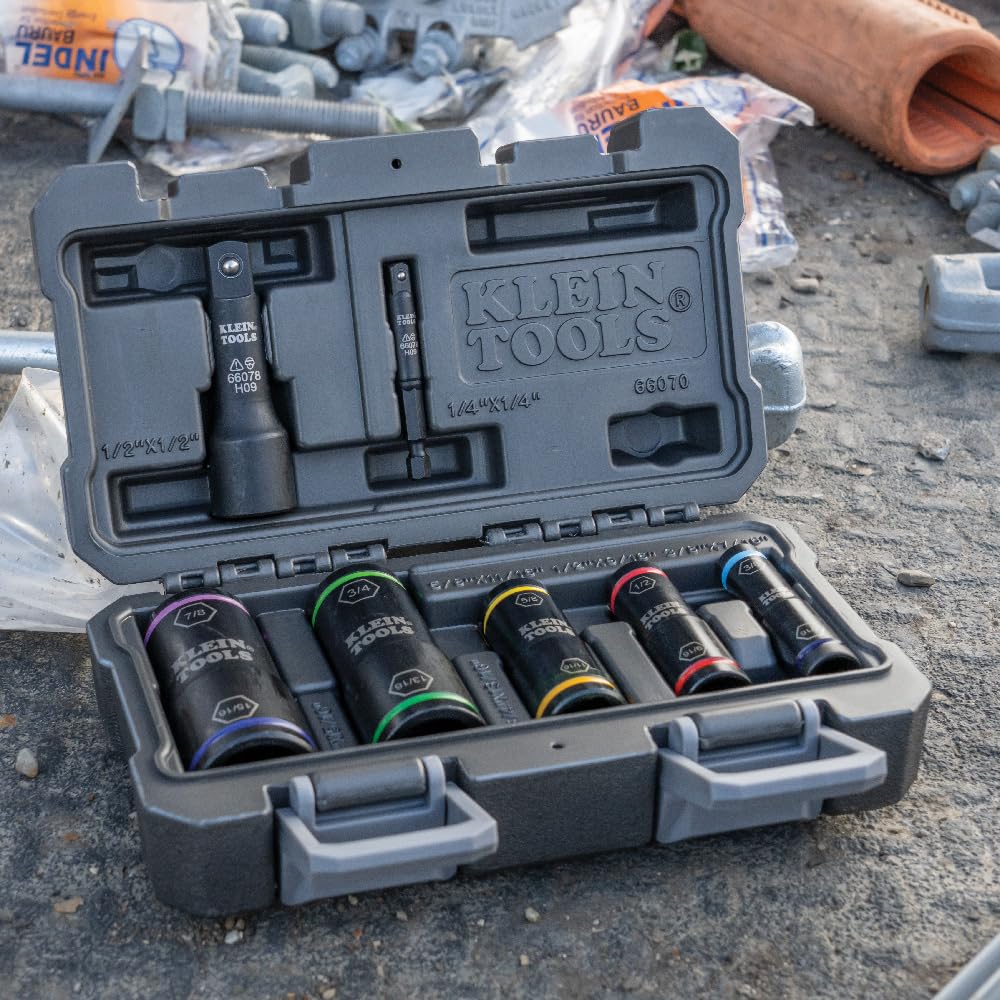Klein Tools Juego de llaves de impacto – 5 enchufes, adaptadores hexagonales de 1/4 pulgadas y cuadrados de 1/2 pulgada, 7 piezas