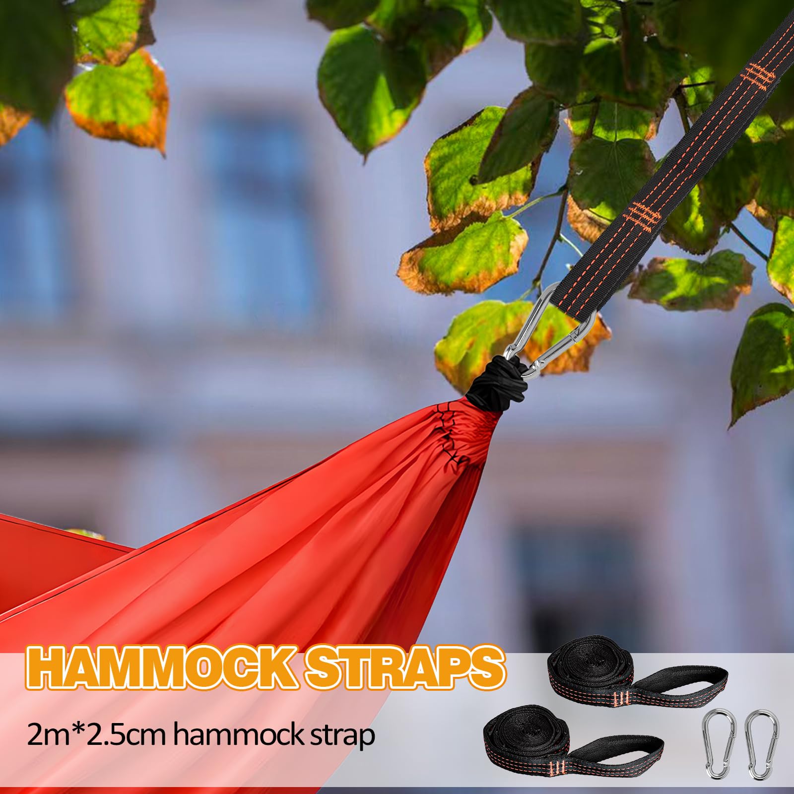 APOMOONS Zestaw 2 pasów mocujących do hamaka, 2 m x 2,5 cm, z 2 karabińczykami do dużych obciążeń, linka mocująca do hamaka z 6 pętelkami, na kemping, do aktywności na świeżym powietrzu, wędrówek