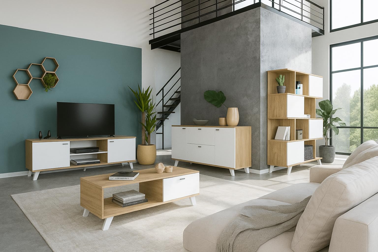 MOMMA HOME Ensemble complet de salon modèle Quiatur, finition chêne et blanc, buffet + meuble TV + table basse + étagère
