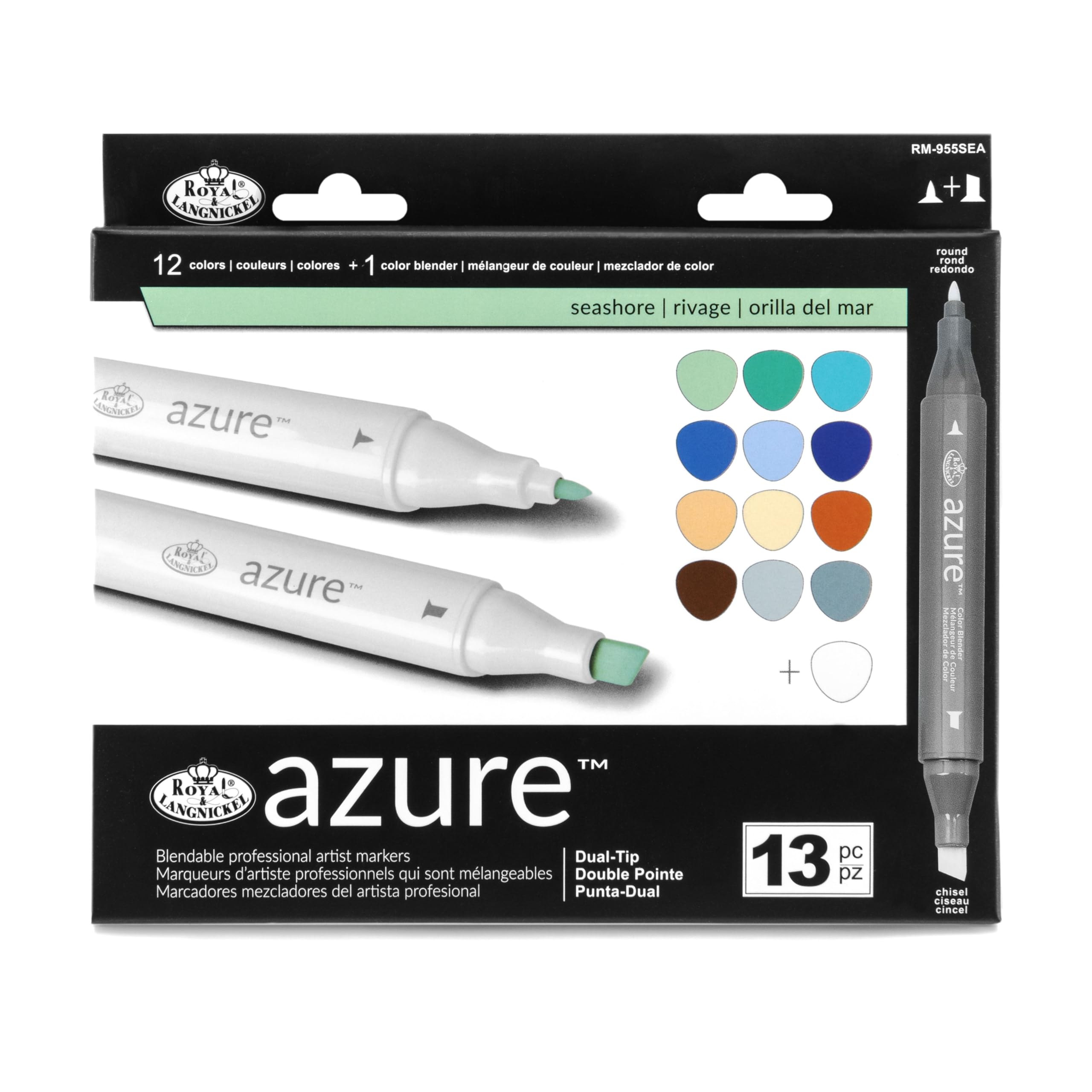 Royal & Langnickel Azure, 13pc Dual-Tip, Alcohol Based Marker Set, Includes - 12 Markers & 1 Blender, Seashore Colors