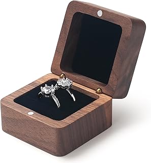 ERDOGLY Wooden Ring Box for Wedding Ceremony 2 Slots, Engagement Ring Holder Box, Small Square Solid Wood Double Ring Bearer Box for Proposal, Vintage Jewelry Gift Storage Case, Black