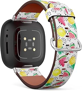 CJBROES Replacement Leather Watch Band, Compatible with Fitbit Versa 3 and Fitbit Sense of Wristband Bracelet Accessory - Watercolor-Pineapple-Lemon
