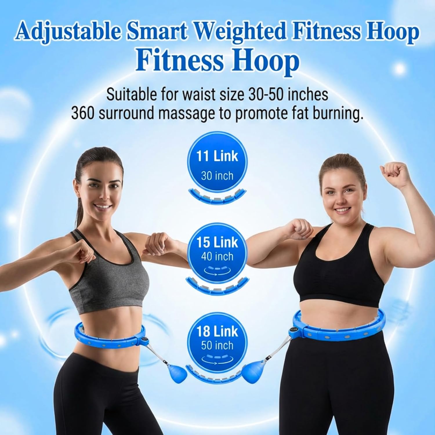 Infinity Hoop/Fit Hoop Weighted Waist Circle with 11/18 Links(30-50 Inch) for Adults Weight Loss，Weighted Hoops for Women,Infinity Hoop with Counter Smart Exercise Equipment (Blue)