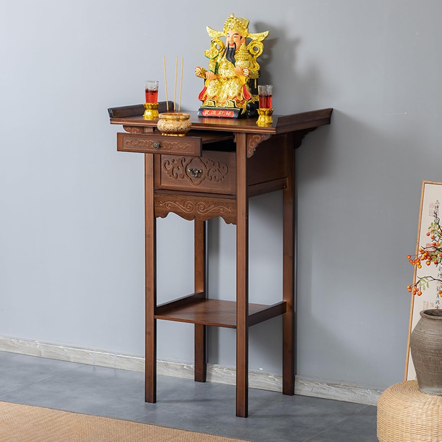 Altar Table with Storage, Intricate Chinese Altar Cabinet Pedestal Offering Large Ceremony Table for Family Worship Use(26 * 15.8 * 60.6in)