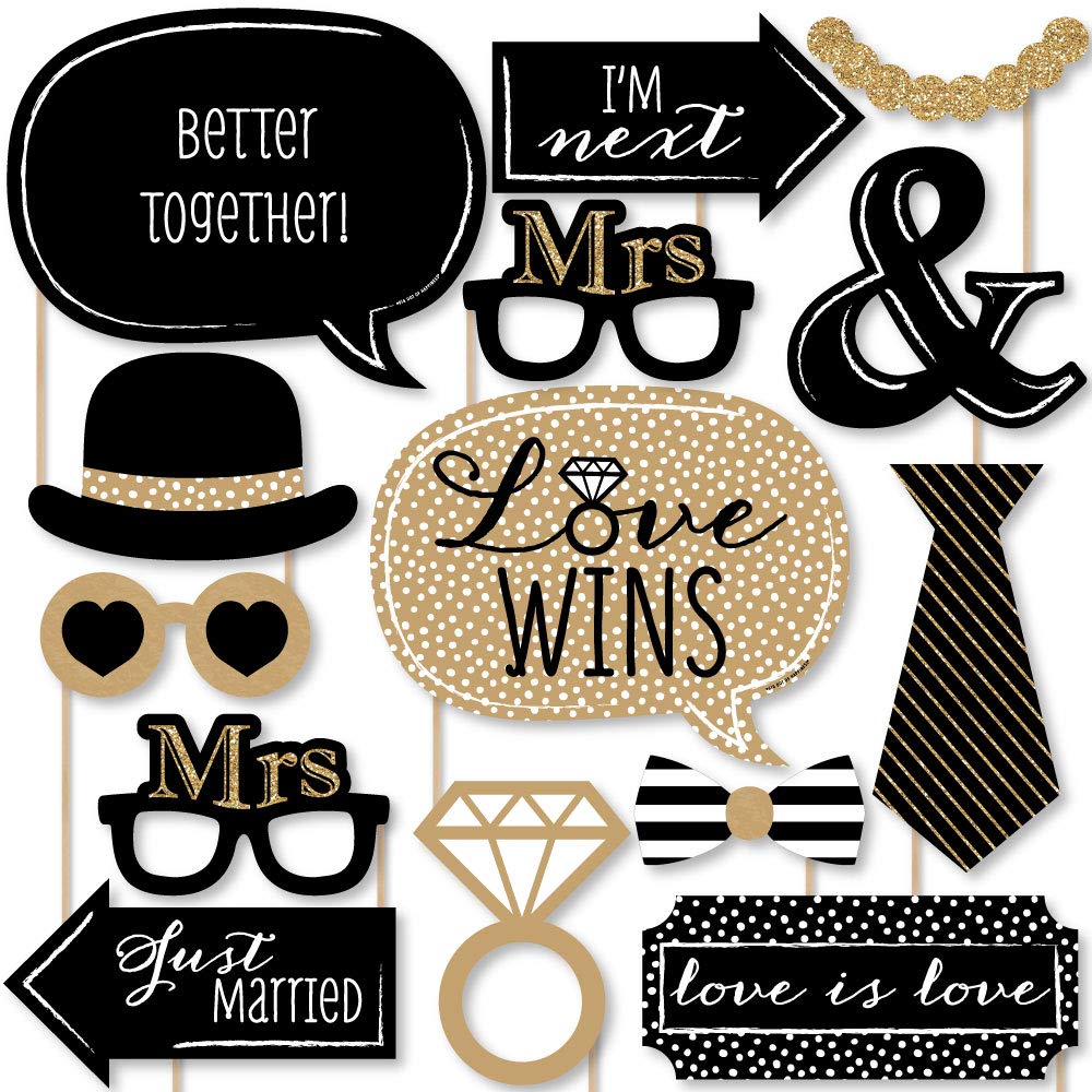 Big Dot of Happiness Mrs. and Mrs. - Gold - Lesbian Wedding Photo Booth Props Kit - 20 Count