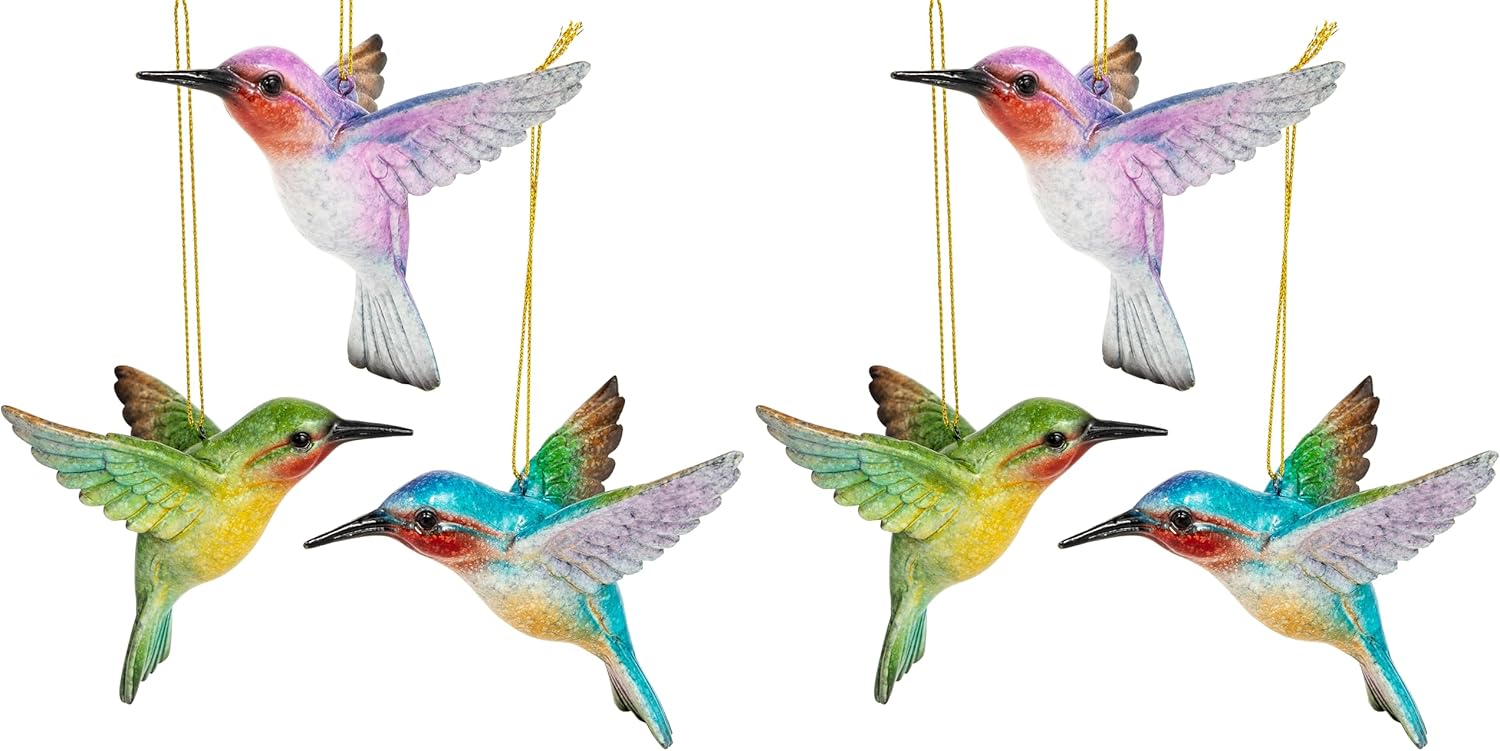 Hummingbird Christmas Ornaments Set of 6 – Colorful Resin Bird Decorations with Gold Hanging Strings for Tree & Home Décor, Nature-Inspired Holiday Decorations