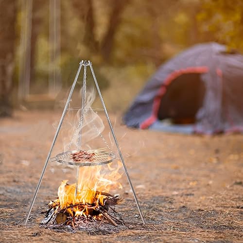 Miniatura 9 de Lineslife Parrilla de trípode de fogata para cocinar, parrilla de trípode de acero inoxidable duradera con rejilla redonda y bolsa de transporte