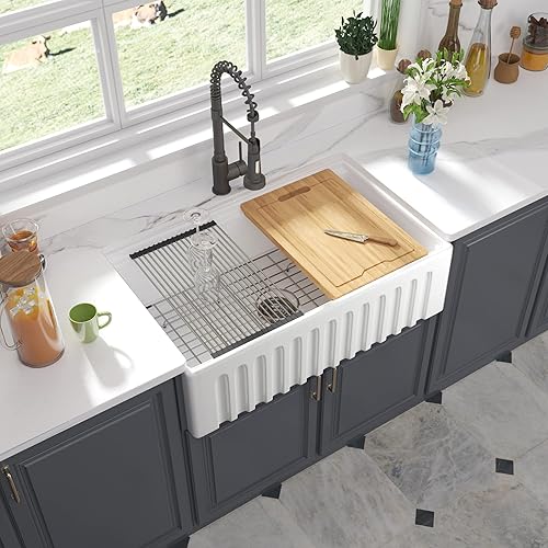 Hercate 33 Inch White Farmhouse Kitchen Sink Reversiable Apron Front Workstation Fireclay Porcelain Ceramic Single Bowl Sinks with Accessories