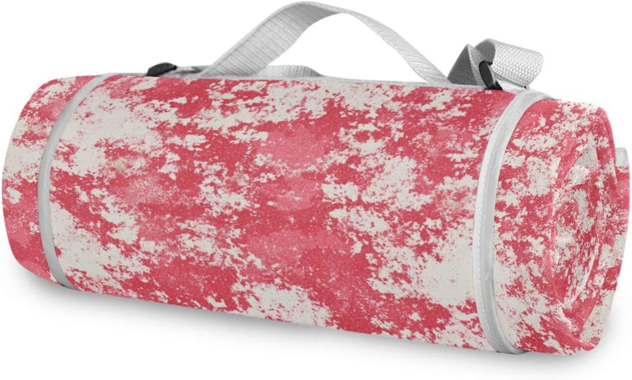 Round Picnic Essentials - Fits 2 Adults, Summer Accessories Water Resistant Outside Blankets for Grass Dual Layer, Sand-Free, Soft Throw Rug 58 in (Red White Mottled Abstract)