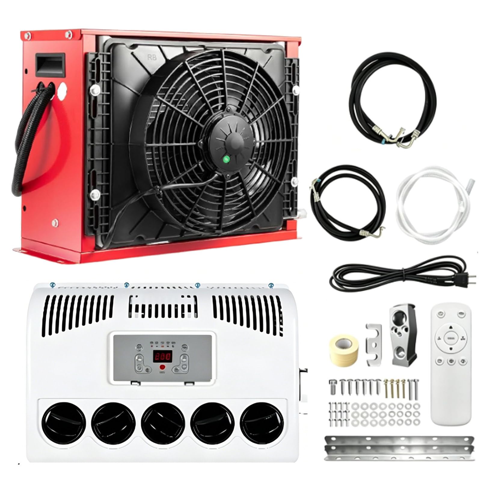 Osnzyc Red 12V/24V Rv Air Conditioner, 11000 Btu Split Parking Air Conditioner Kit Electric Split Ac Unit, Silent - Fast Cooling, For Semi-Trailer Trucks, Buses, Rvs, Caravans, Excavators -12V